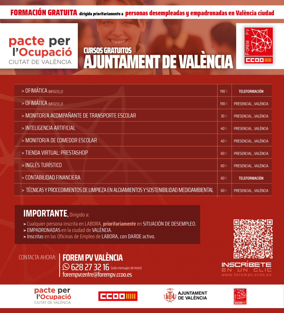 Cursos gratuitos FOREM PV. Pacto por el Empleo Ciudad de Valncia.