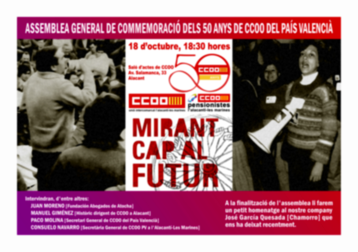 Cartel de la Asamblea del 50 aniversario de CCOO PV en Alicante
