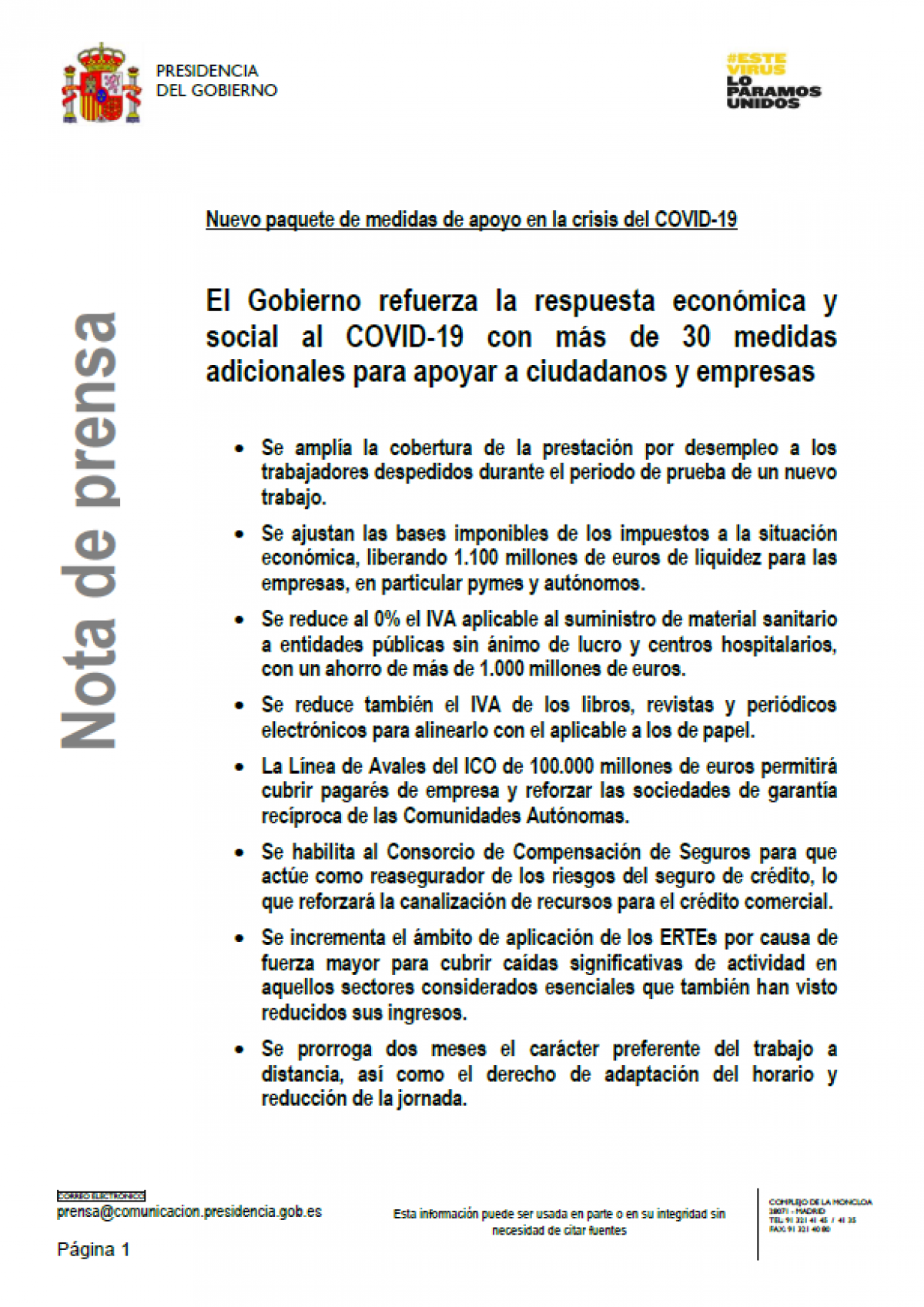 El Gobierno refuerza la respuesta econmica y social al COVID-19 con ms de 30 medidas adicionales para apoyar a ciudadanos y empresas 21-4-2020