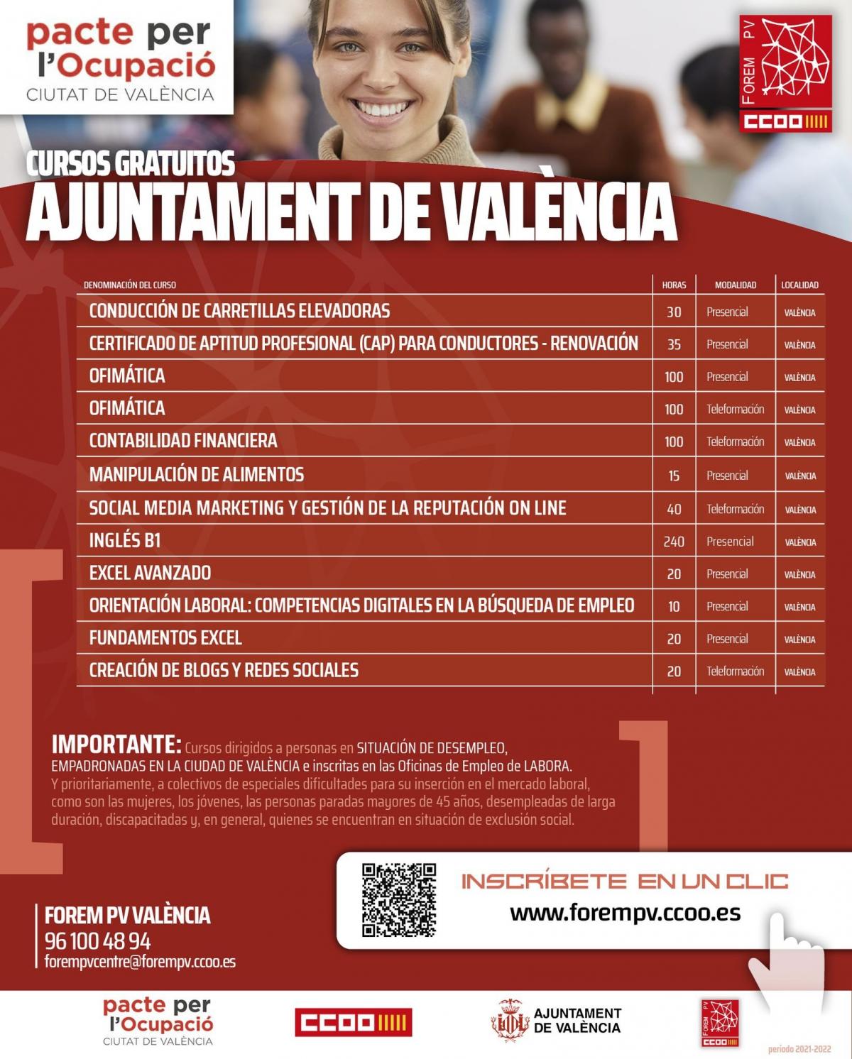 Cartell oferta cursos Pacte per locupaci ciutat de Valncia