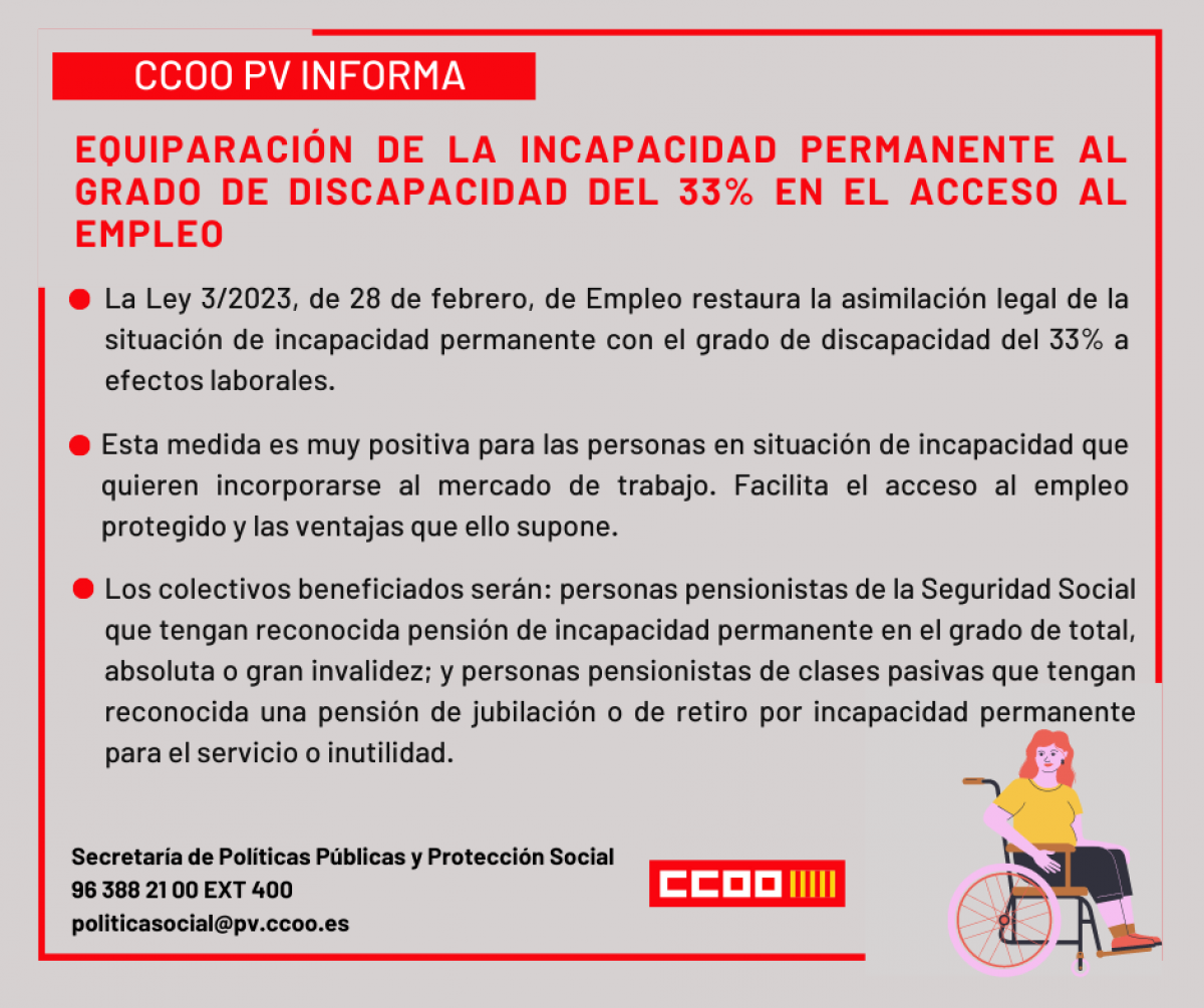 CCOO PV informa sobre la equiparación de la incapacidad permanente al grado de discapacidad del 33 % a efectos laborales