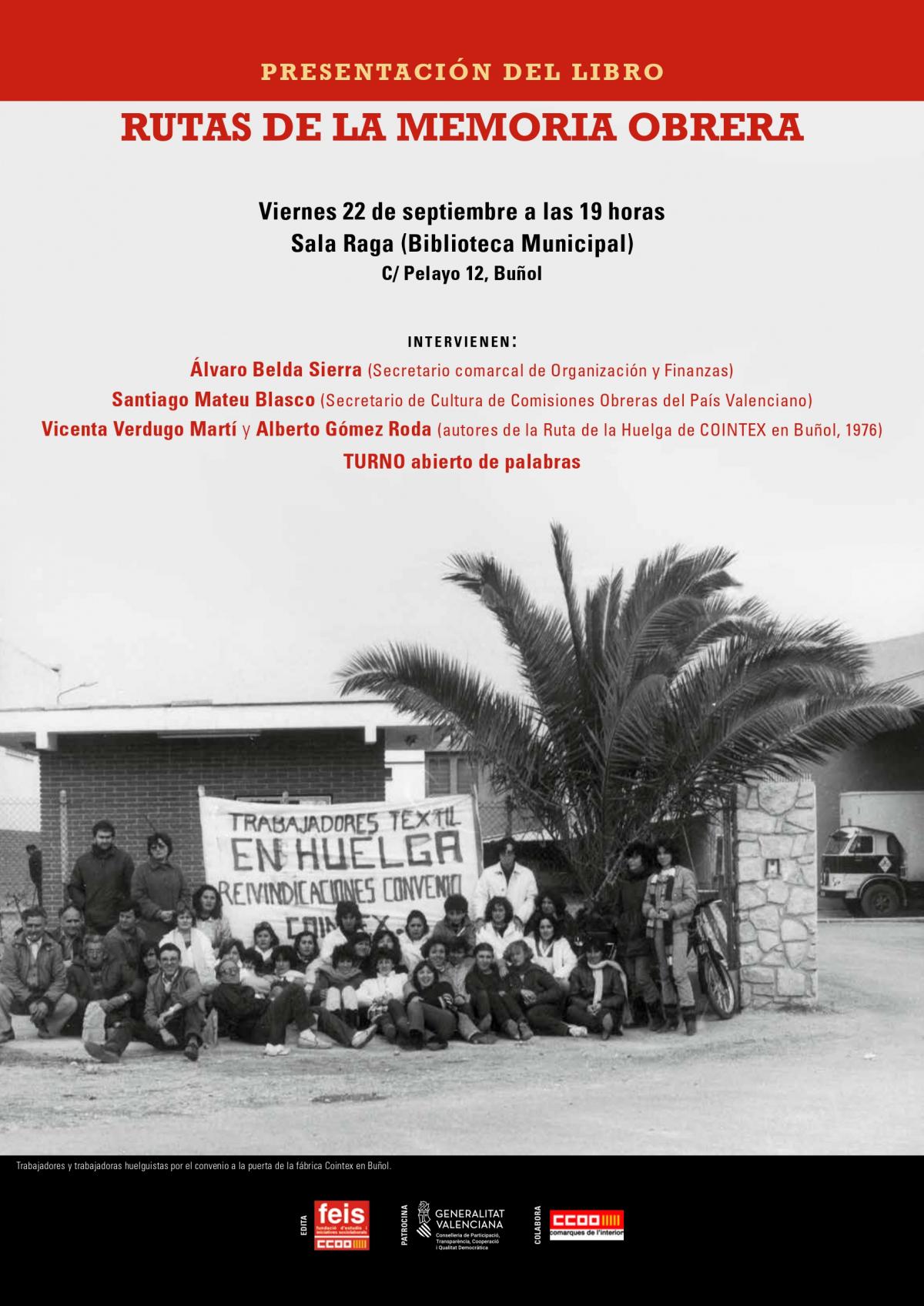 Cartell de la presentaci a Bunyol de 'Rutas de la memoria obrera'.