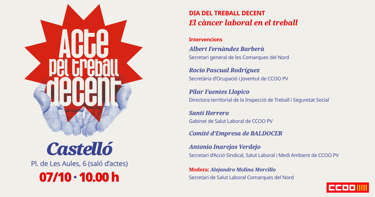 Acte a Castelló de la Jornada Mundial pel Treball Decent.