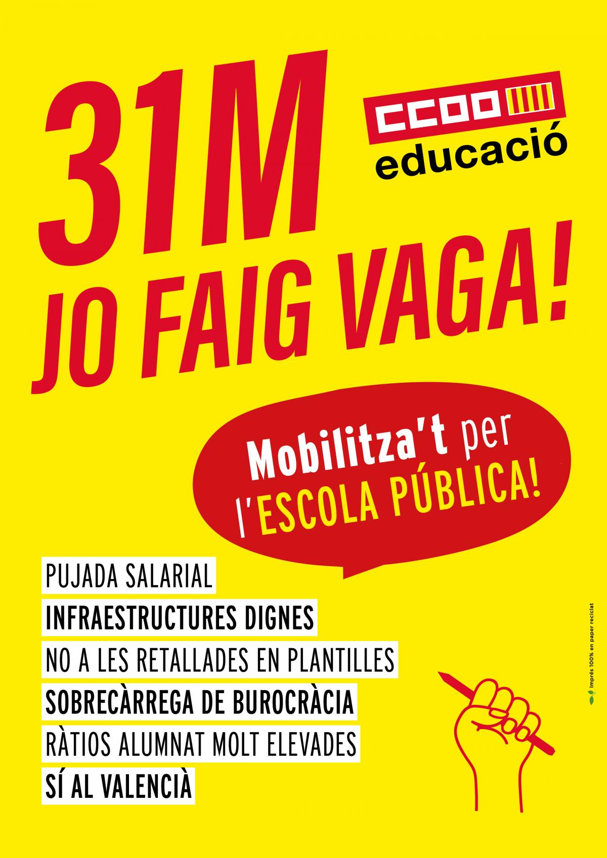 El 31 de març CCOOPV Educació farem Vaga